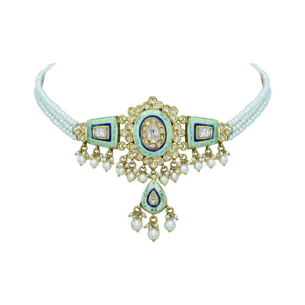 Mint Enamel Choker with Polki Diamonds and Pearls